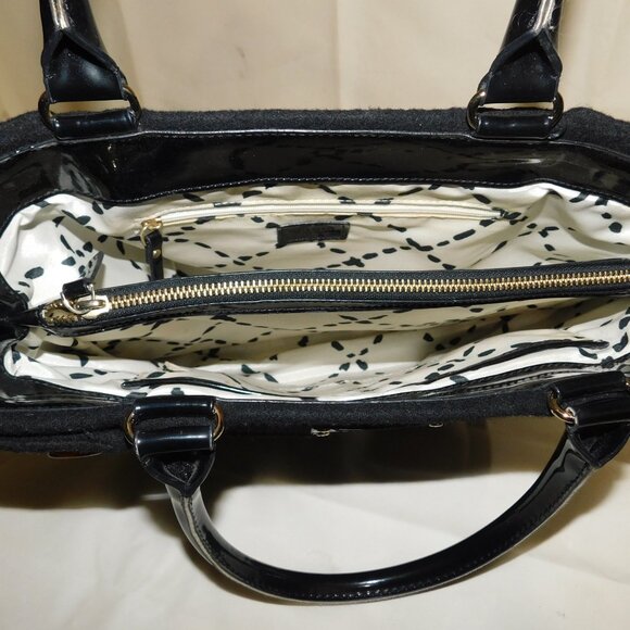 Kate Spade Black Wool Button Tote Bag With Patent Leather Handles & Lined In - Picture 8 of 12